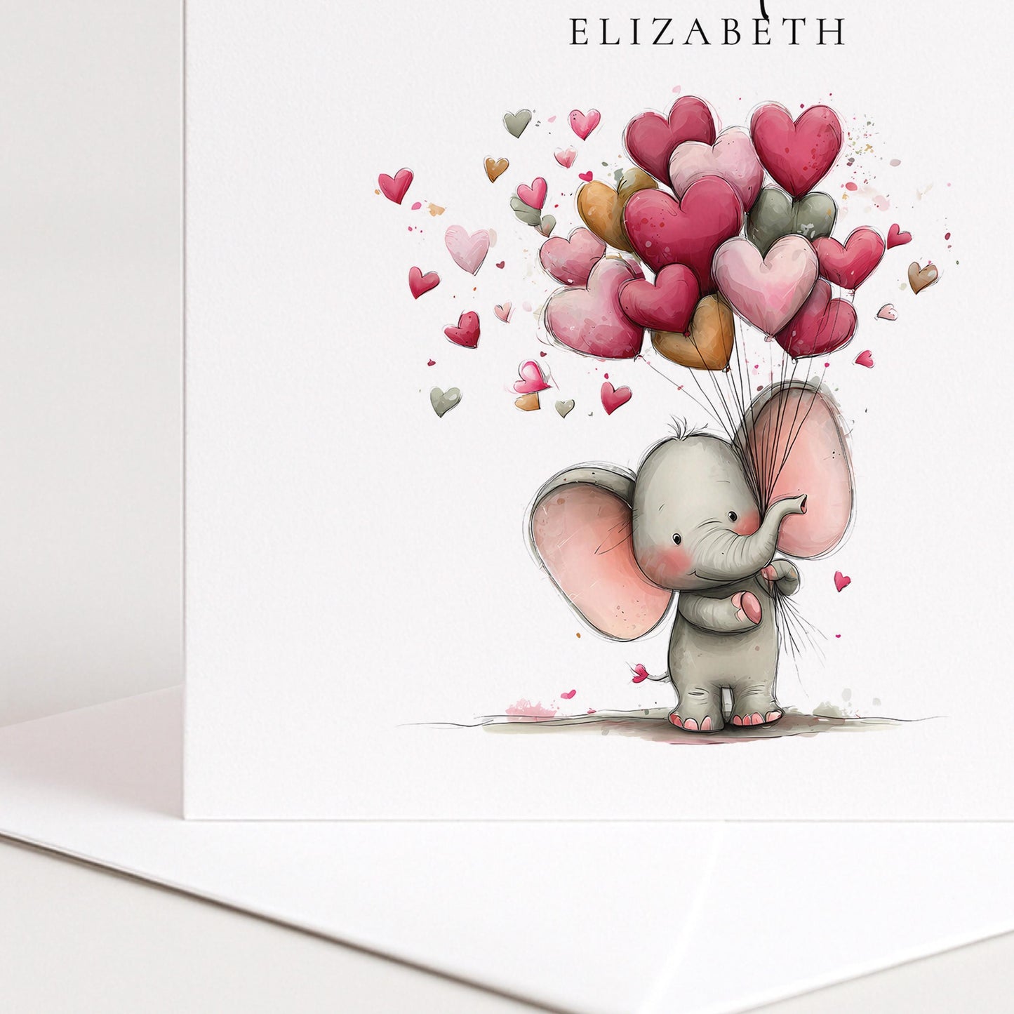 Personalised Valentine Card – Elephant Valentine Card With Heart Balloon Design