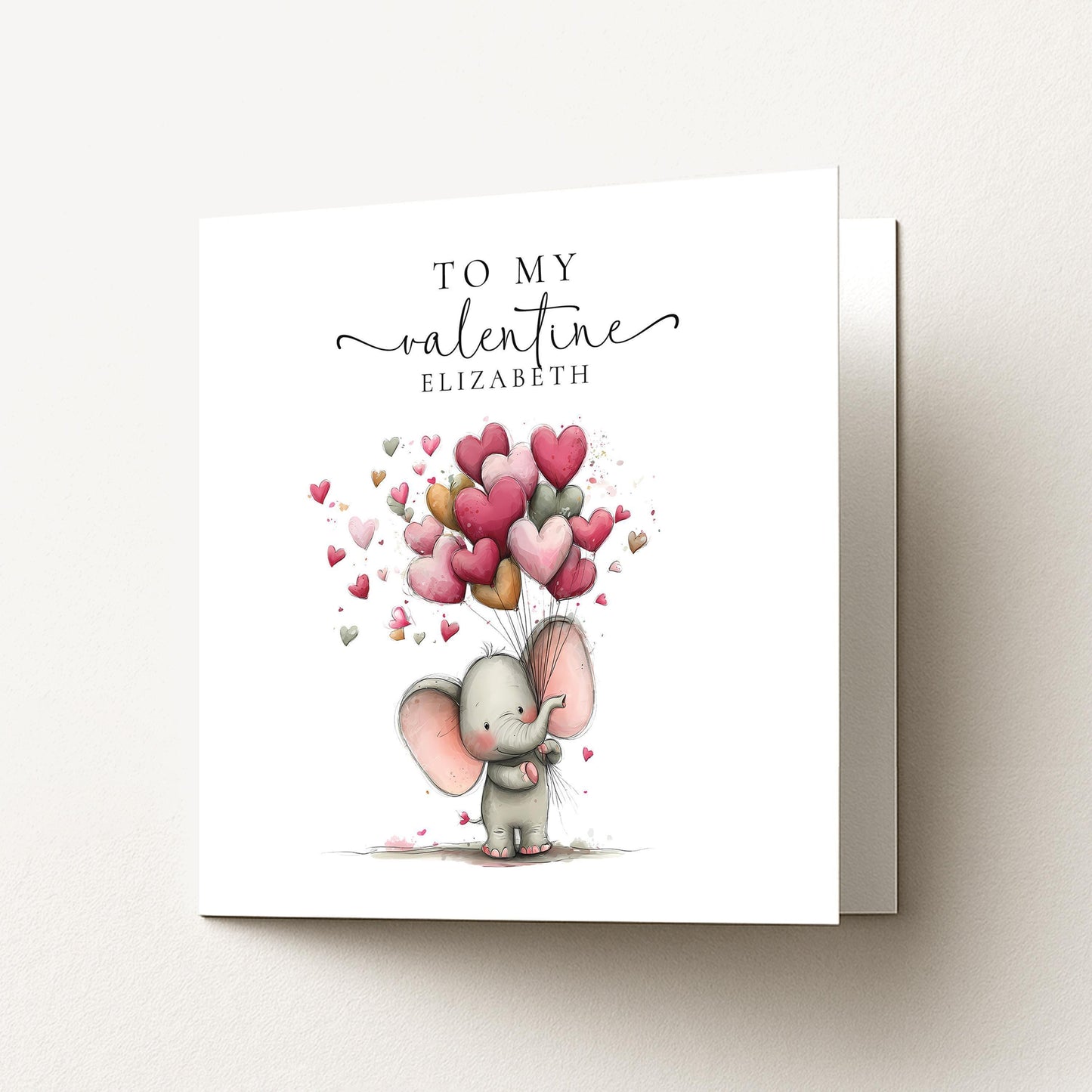 Personalised Valentine Card – Elephant Valentine Card With Heart Balloon Design