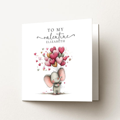 Personalised Valentine Card – Elephant Valentine Card With Heart Balloon Design