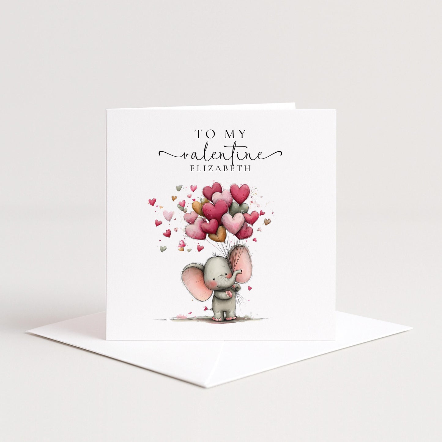 Personalised Valentine Card – Elephant Valentine Card With Heart Balloon Design