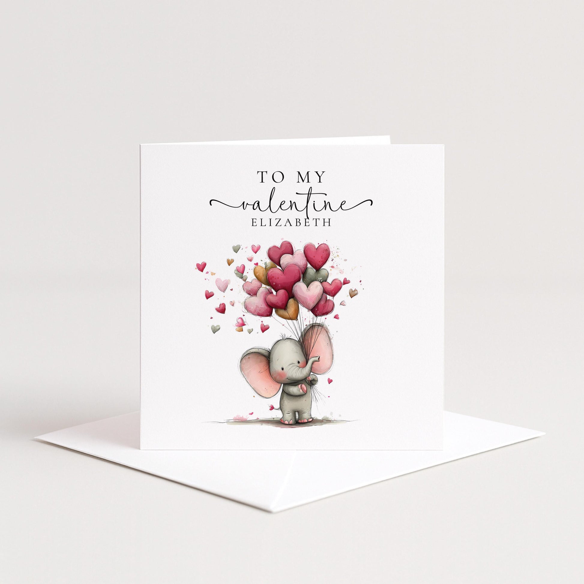 Personalised Valentine Card – Elephant Valentine Card With Heart Balloon Design