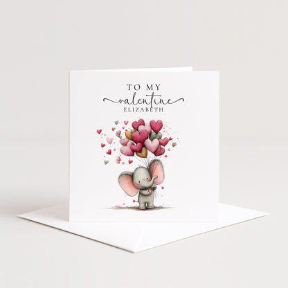 Personalised Valentine Card – Elephant Valentine Card With Heart Balloon Design