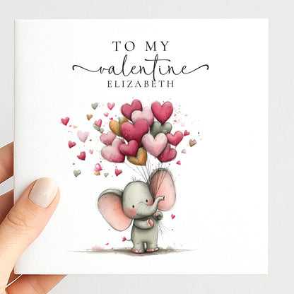 Personalised Valentine Card – Elephant Valentine Card With Heart Balloon Design