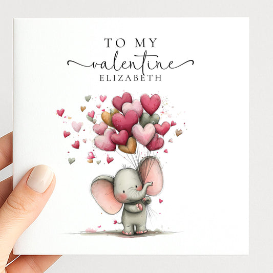 Personalised Valentine Card – Elephant Valentine Card With Heart Balloon Design