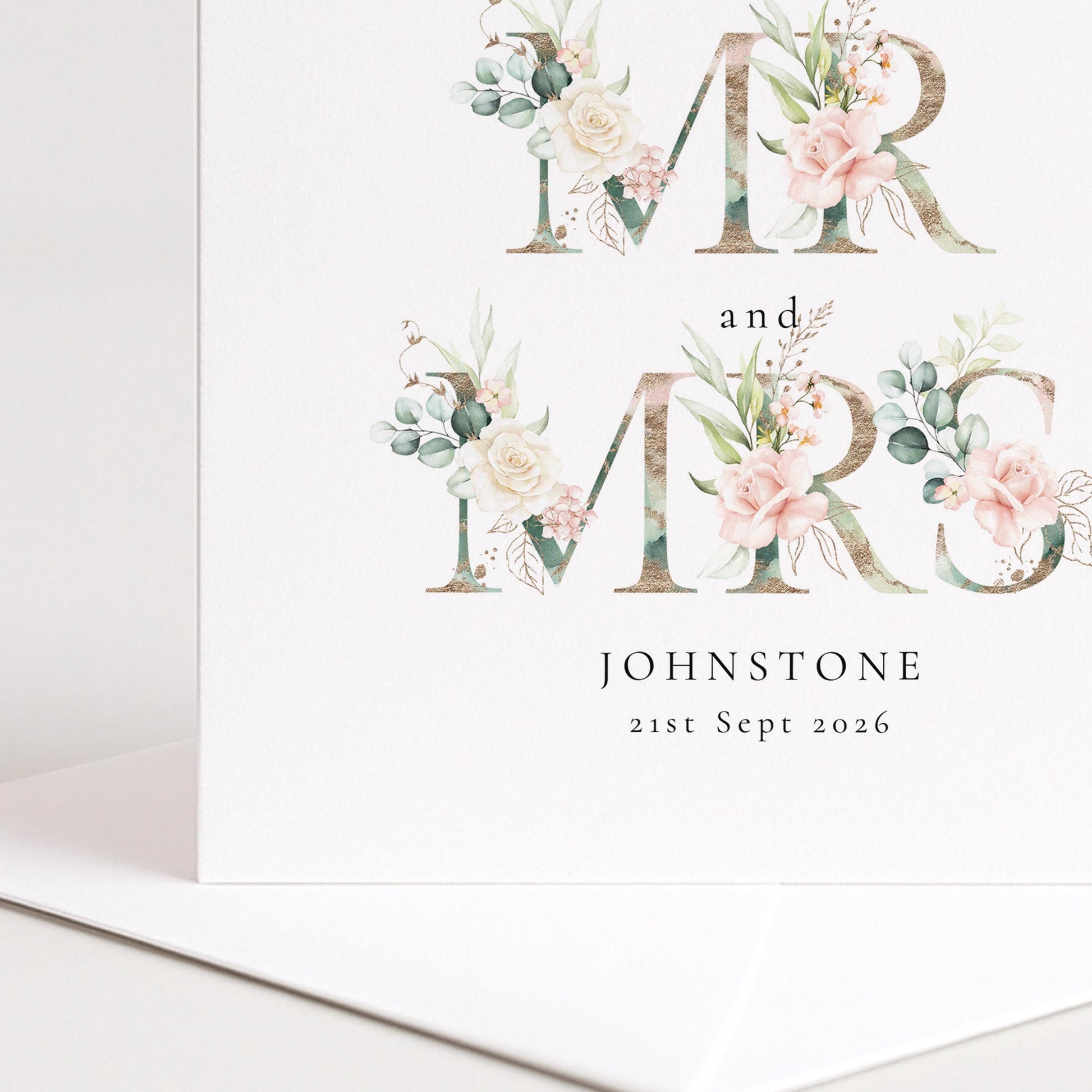Personalised Wedding Card – Elegant Floral Design | Custom Name & Date Keepsake