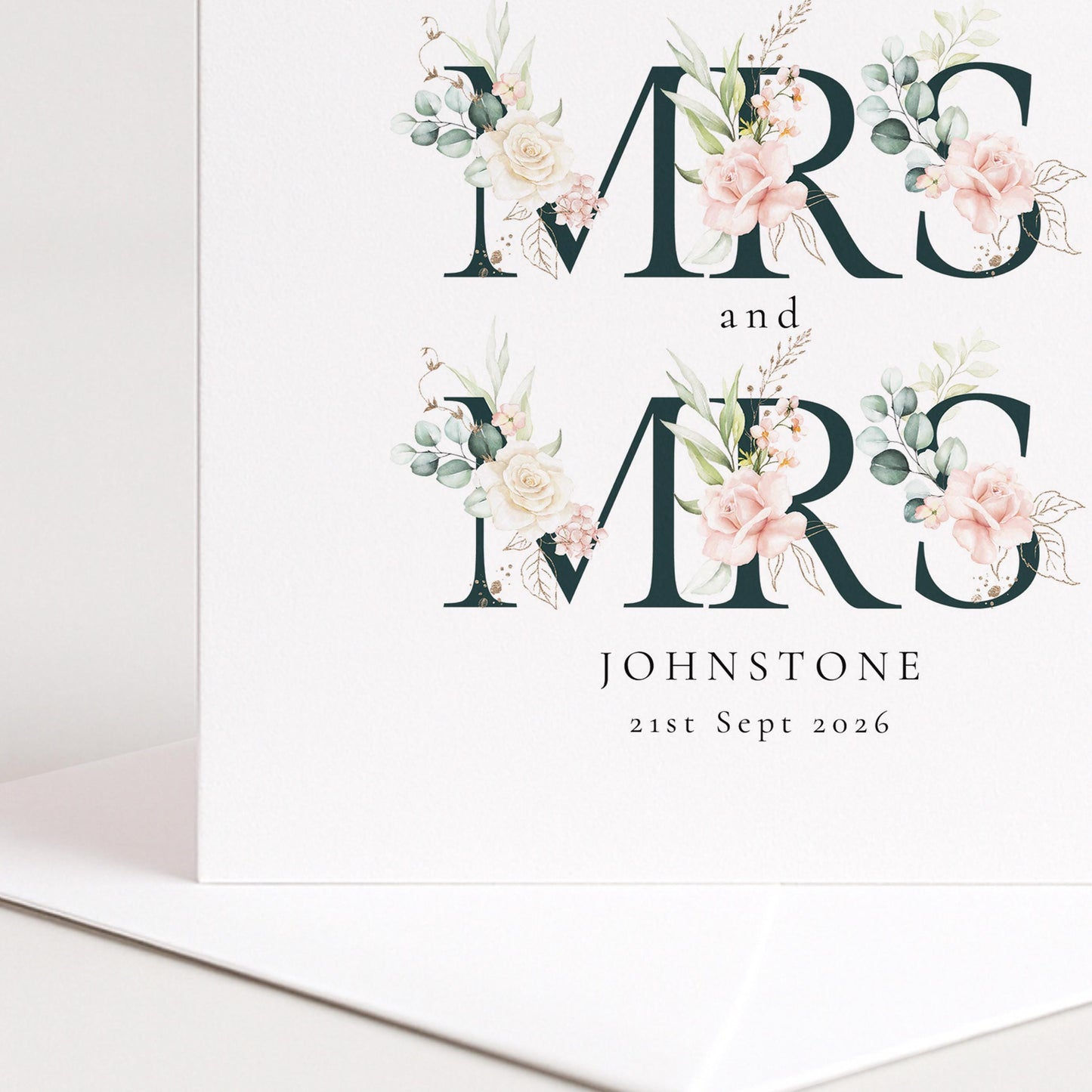 Personalised Wedding Card – Mrs and Mrs Floral Design with Elegant Typography