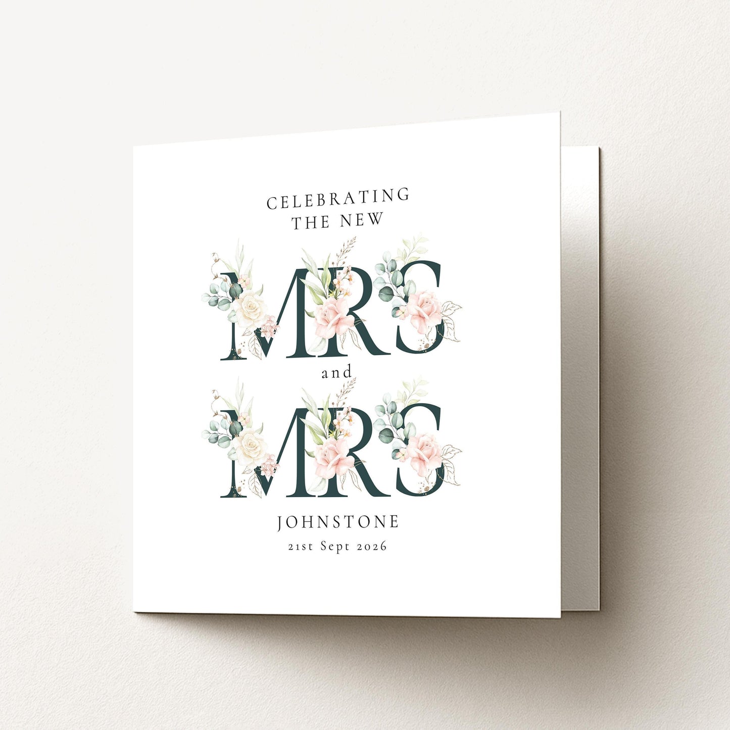 Personalised Wedding Card – Mrs and Mrs Floral Design with Elegant Typography