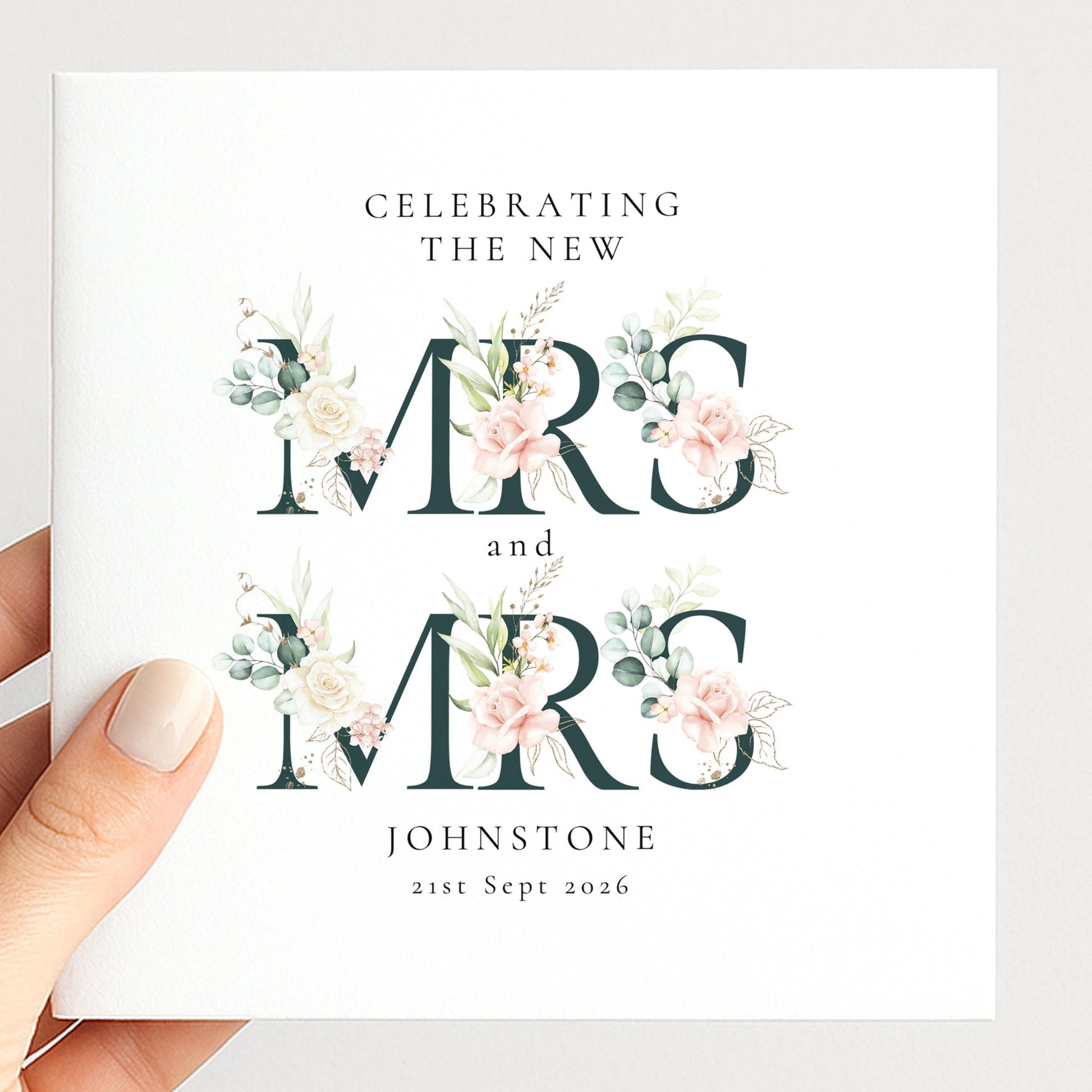 Personalised Wedding Card – Mrs and Mrs Floral Design with Elegant Typography