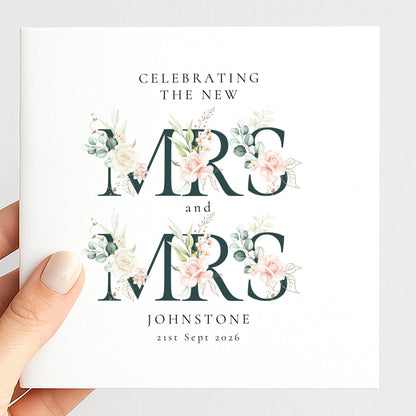 Personalised Wedding Card – Mrs and Mrs Floral Design with Elegant Typography