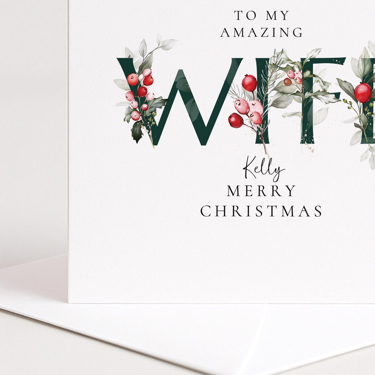 Personalised Wife Christmas Card – Romantic Floral Letter Design, Matte Finish