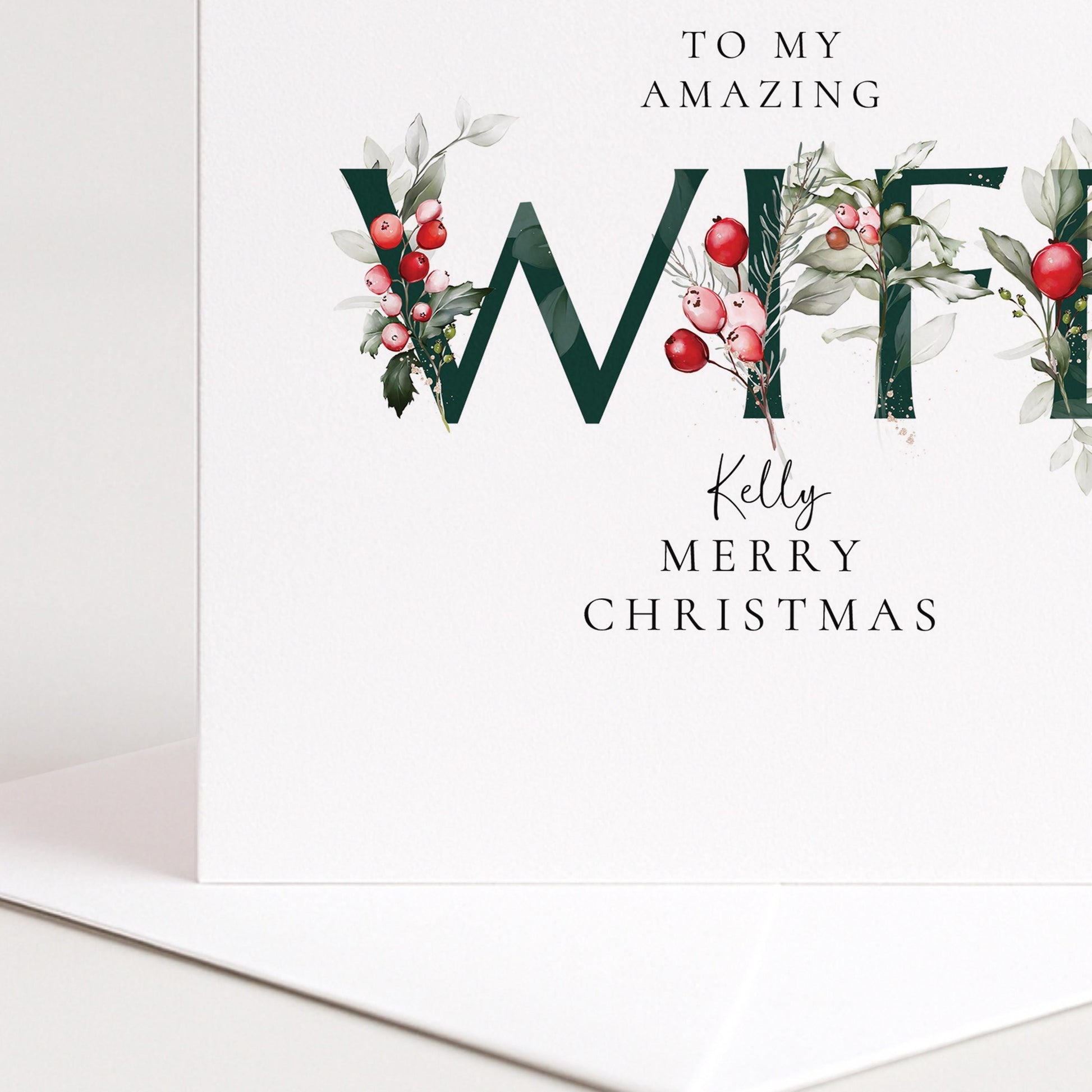 Personalised Wife Christmas Card – Romantic Floral Letter Design, Matte Finish
