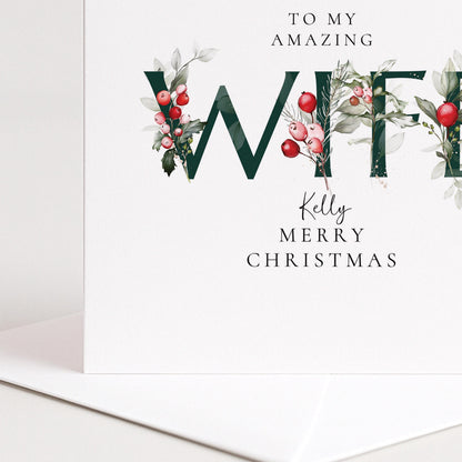 Personalised Wife Christmas Card – Romantic Floral Letter Design, Matte Finish