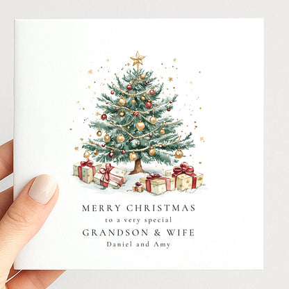 Personalised Grandson and Wife Christmas Card Xmas Tree Card with Names UK Family Card