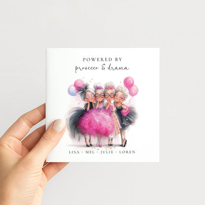 Powered By Prosecco Card – Personalised Birthday Card For Her Featuring Glamorous Party Friends