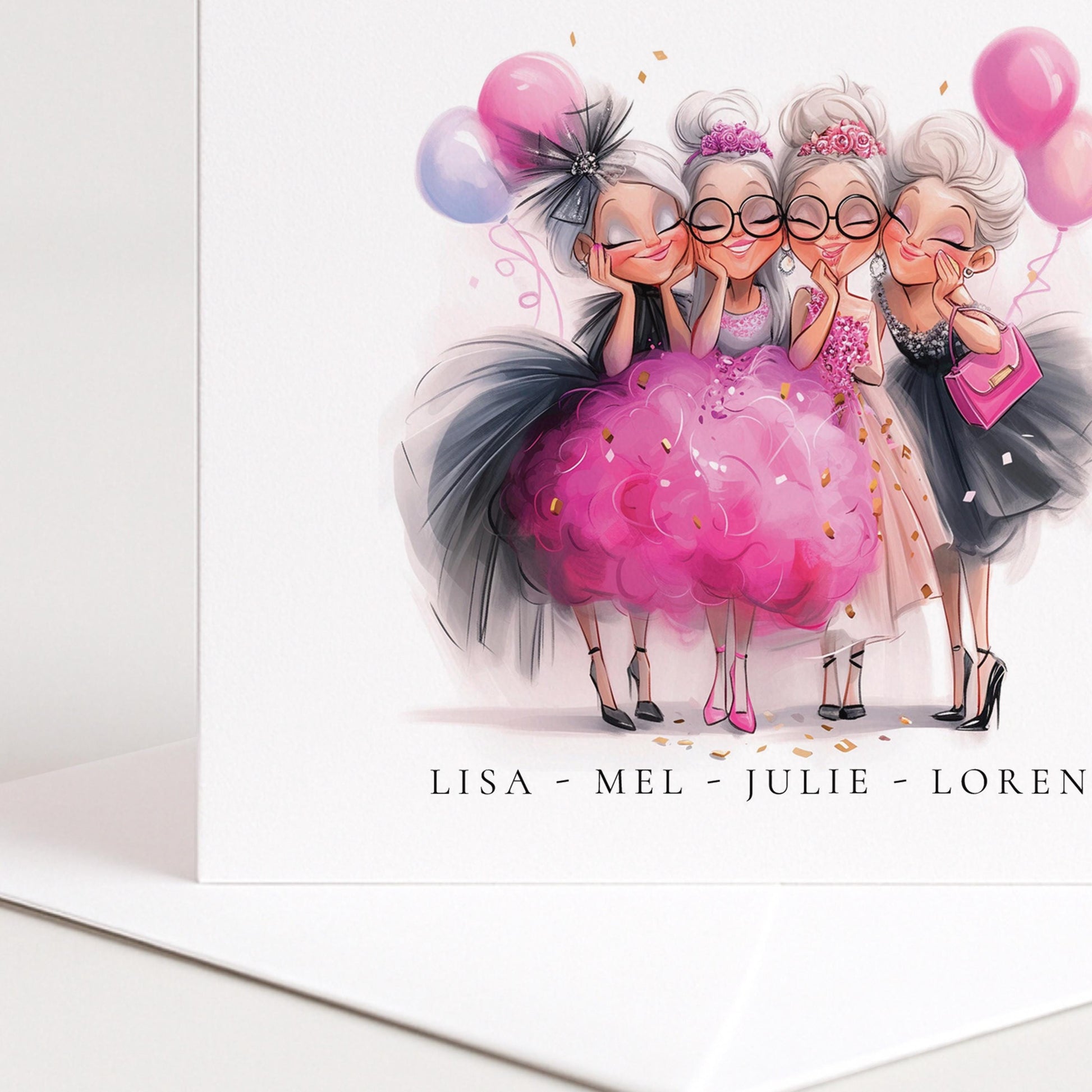 Powered By Prosecco Card – Personalised Birthday Card For Her Featuring Glamorous Party Friends