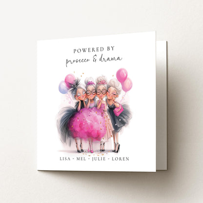 Powered By Prosecco Card – Personalised Birthday Card For Her Featuring Glamorous Party Friends