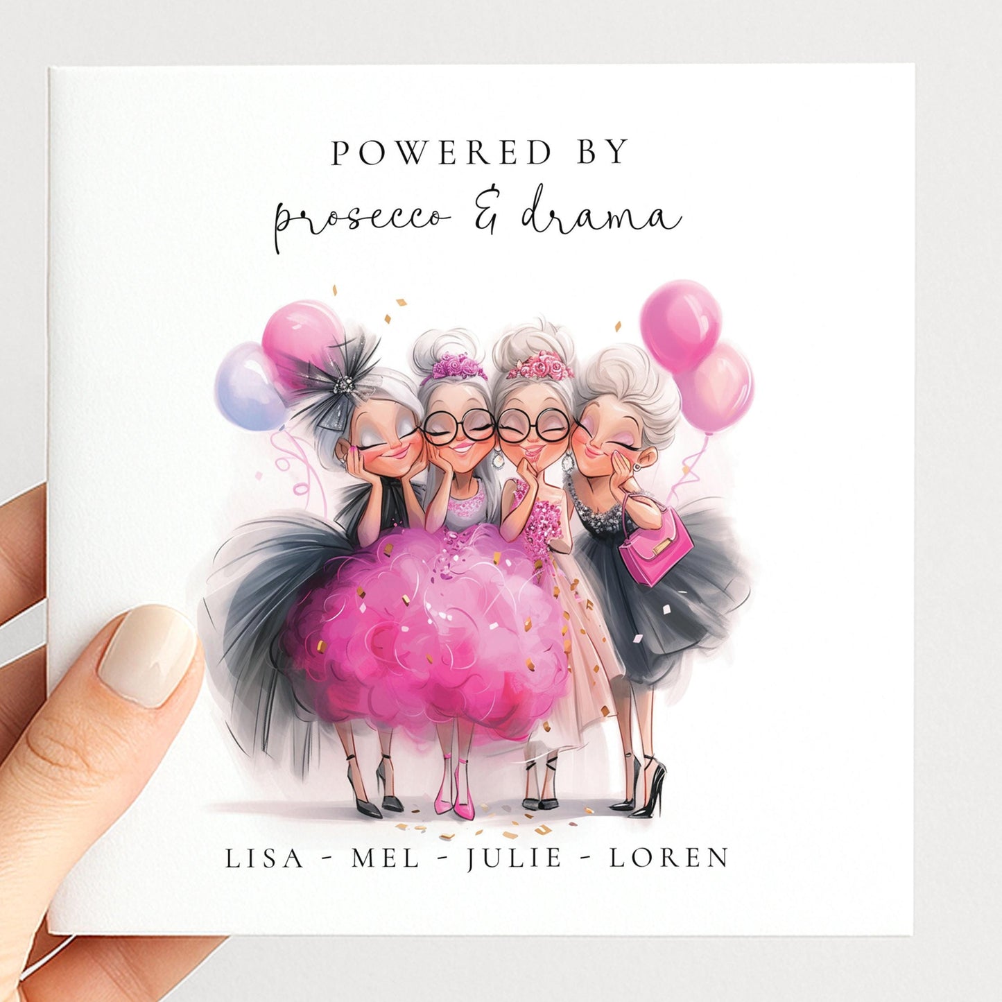Powered By Prosecco Card – Personalised Birthday Card For Her Featuring Glamorous Party Friends