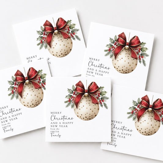 Personalised Family Christmas Card Multipack, Red Bow Star Bauble Design, Pack of 5 10 15 20 25 30 Cards, Custom Family Name