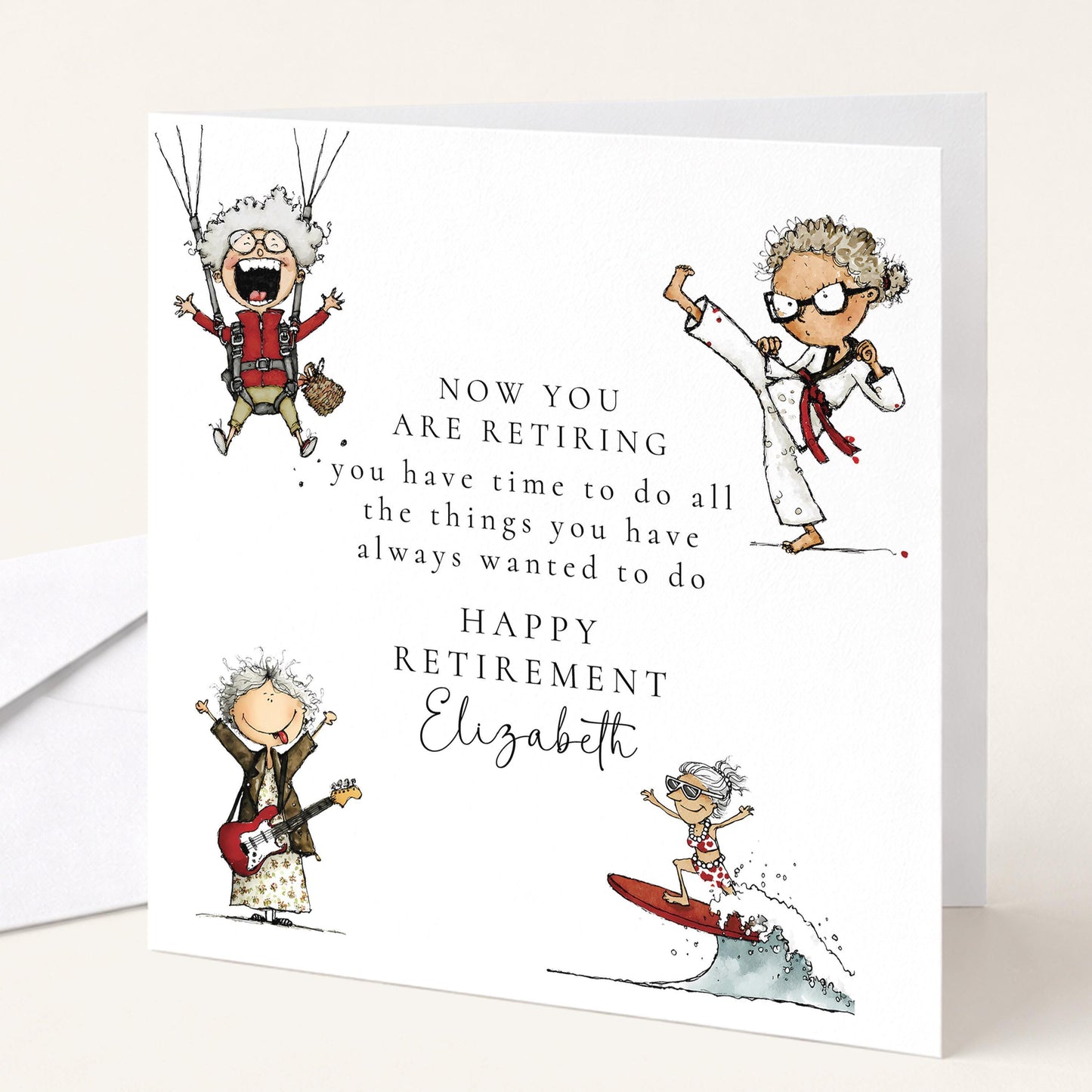 Retirement Card Woman – Personalised Farewell Card With Hand-Drawn Illustrations