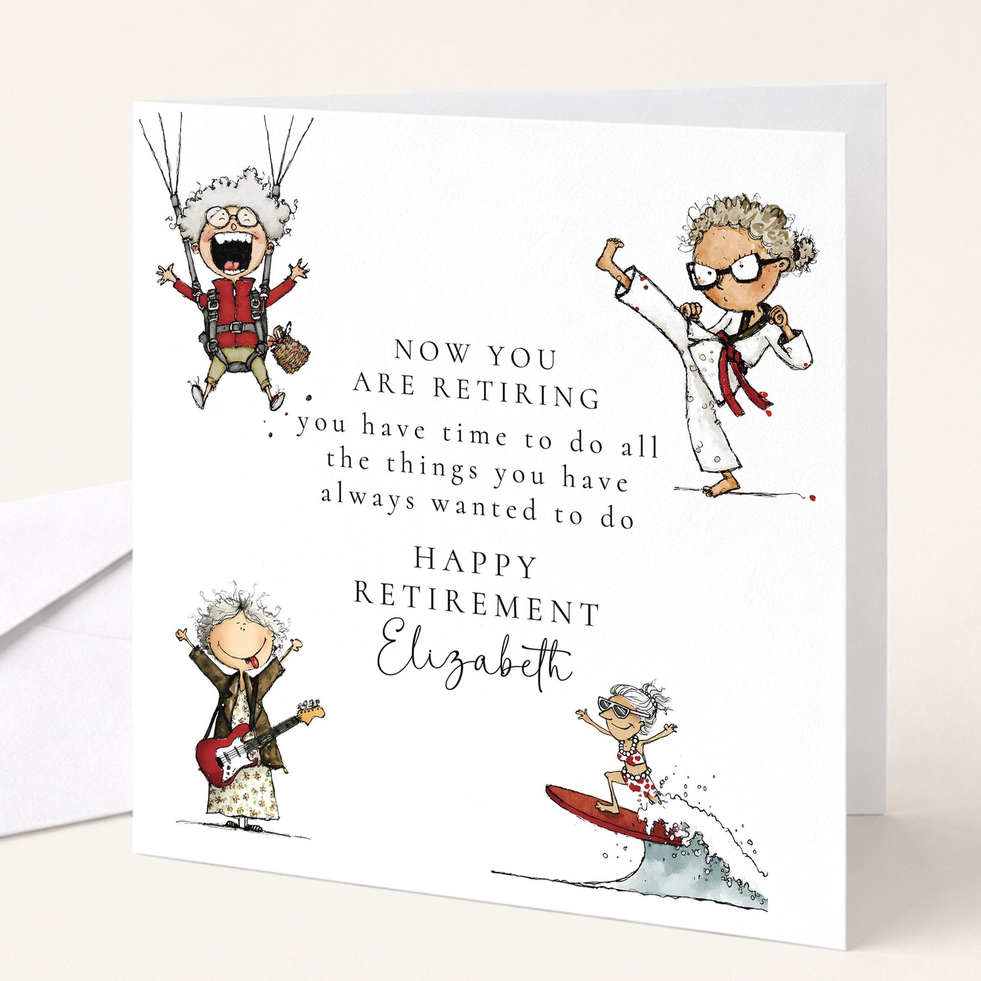 Retirement Card Woman – Personalised Farewell Card With Hand-Drawn Illustrations