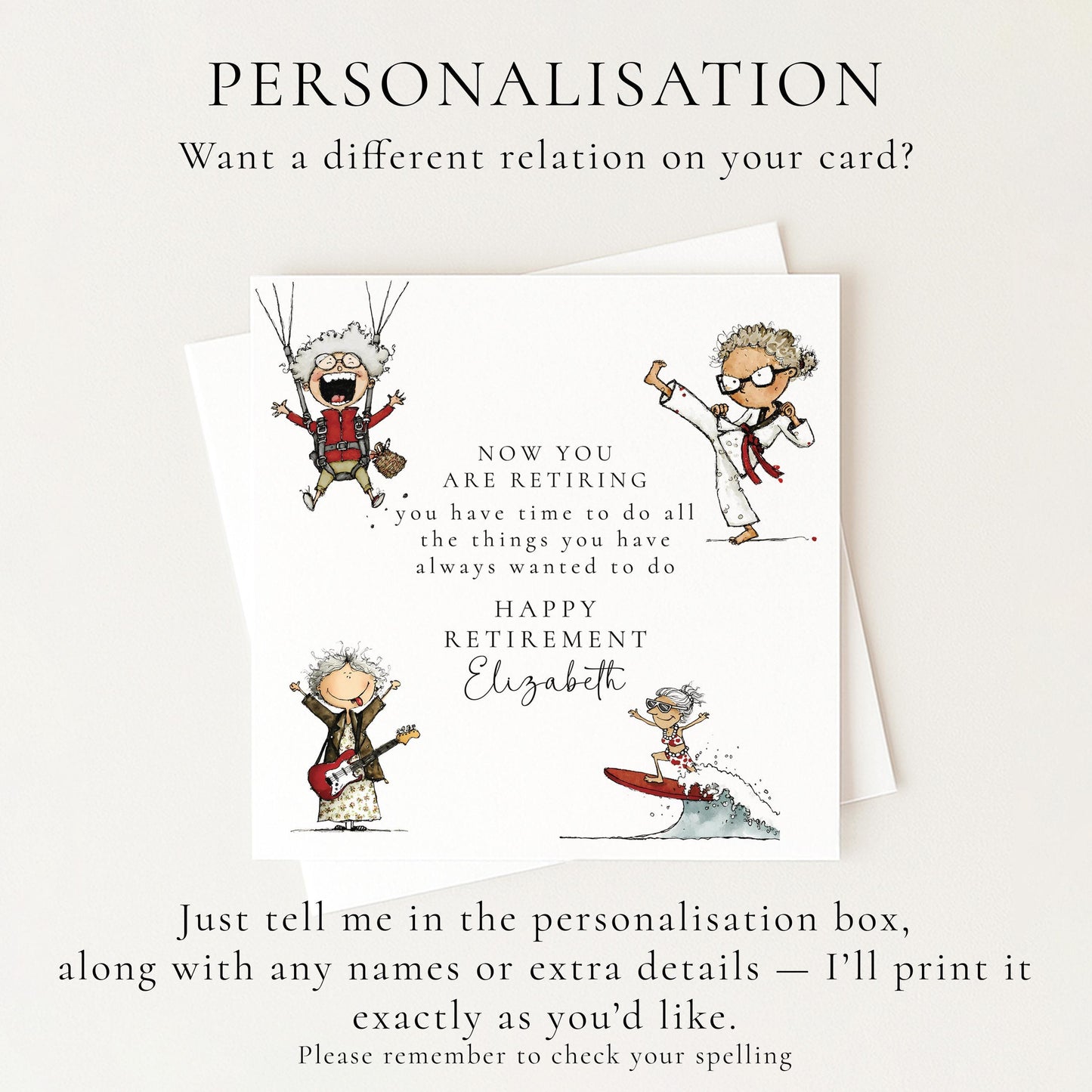 Retirement Card Woman – Personalised Farewell Card With Hand-Drawn Illustrations
