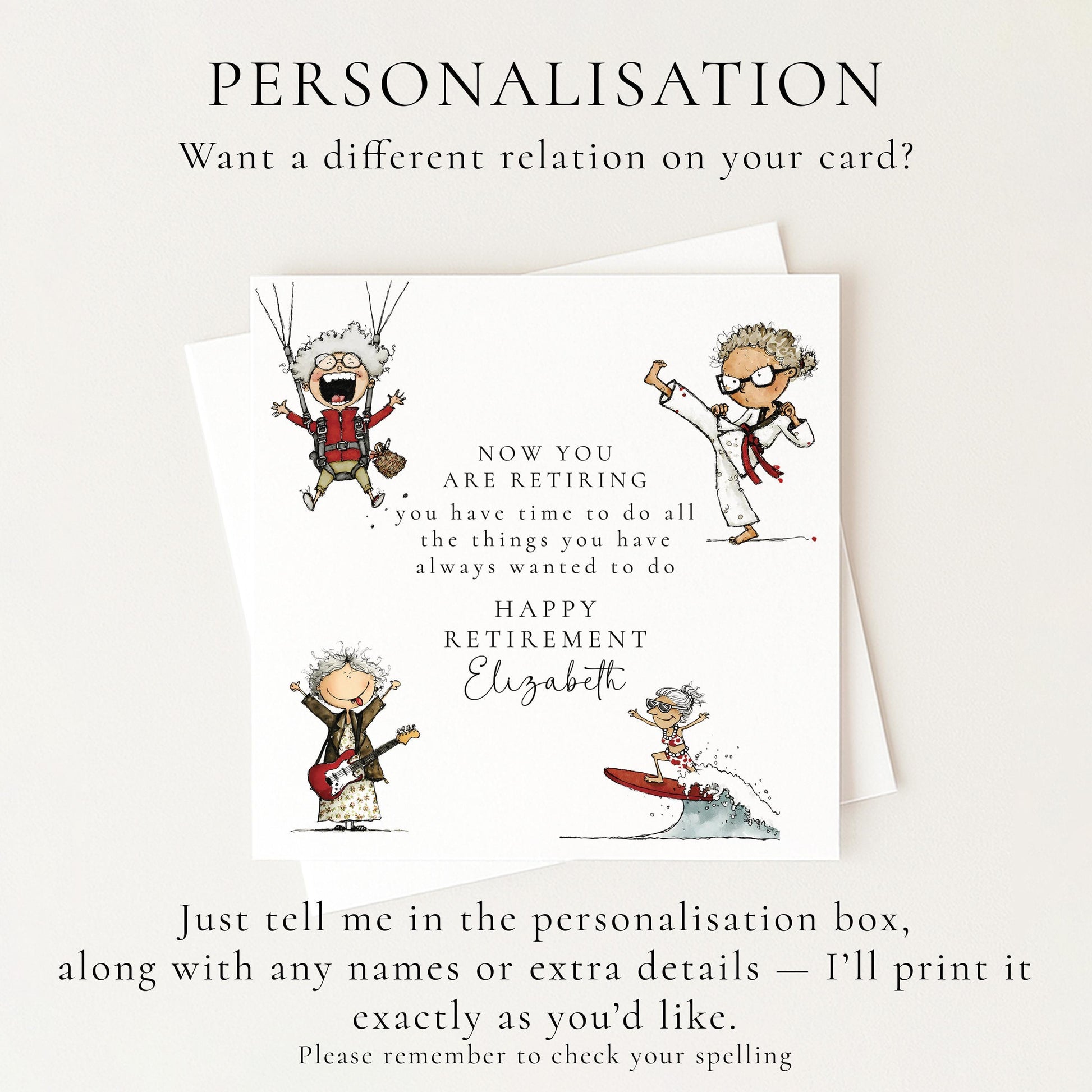 Retirement Card Woman – Personalised Farewell Card With Hand-Drawn Illustrations