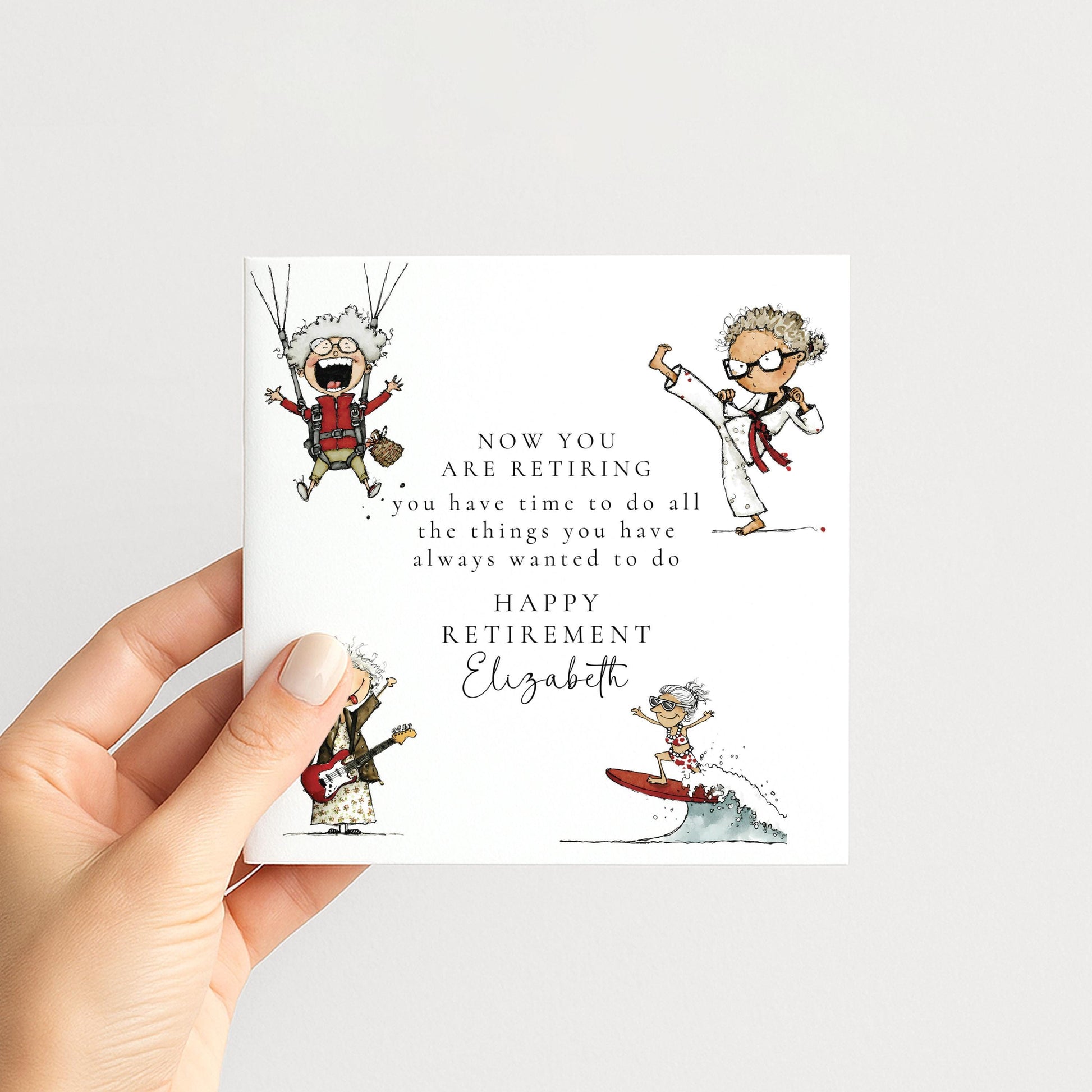Retirement Card Woman – Personalised Farewell Card With Hand-Drawn Illustrations