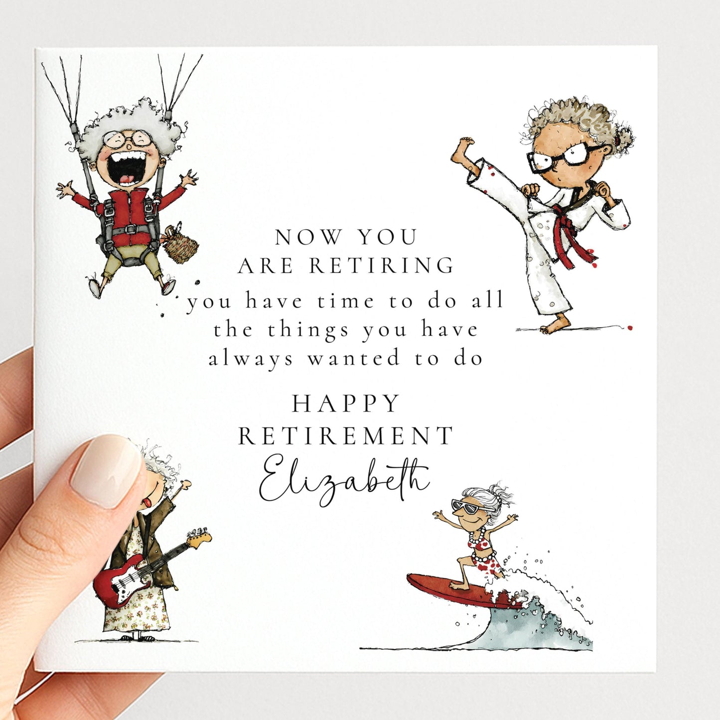 Retirement Card Woman – Personalised Farewell Card With Hand-Drawn Illustrations