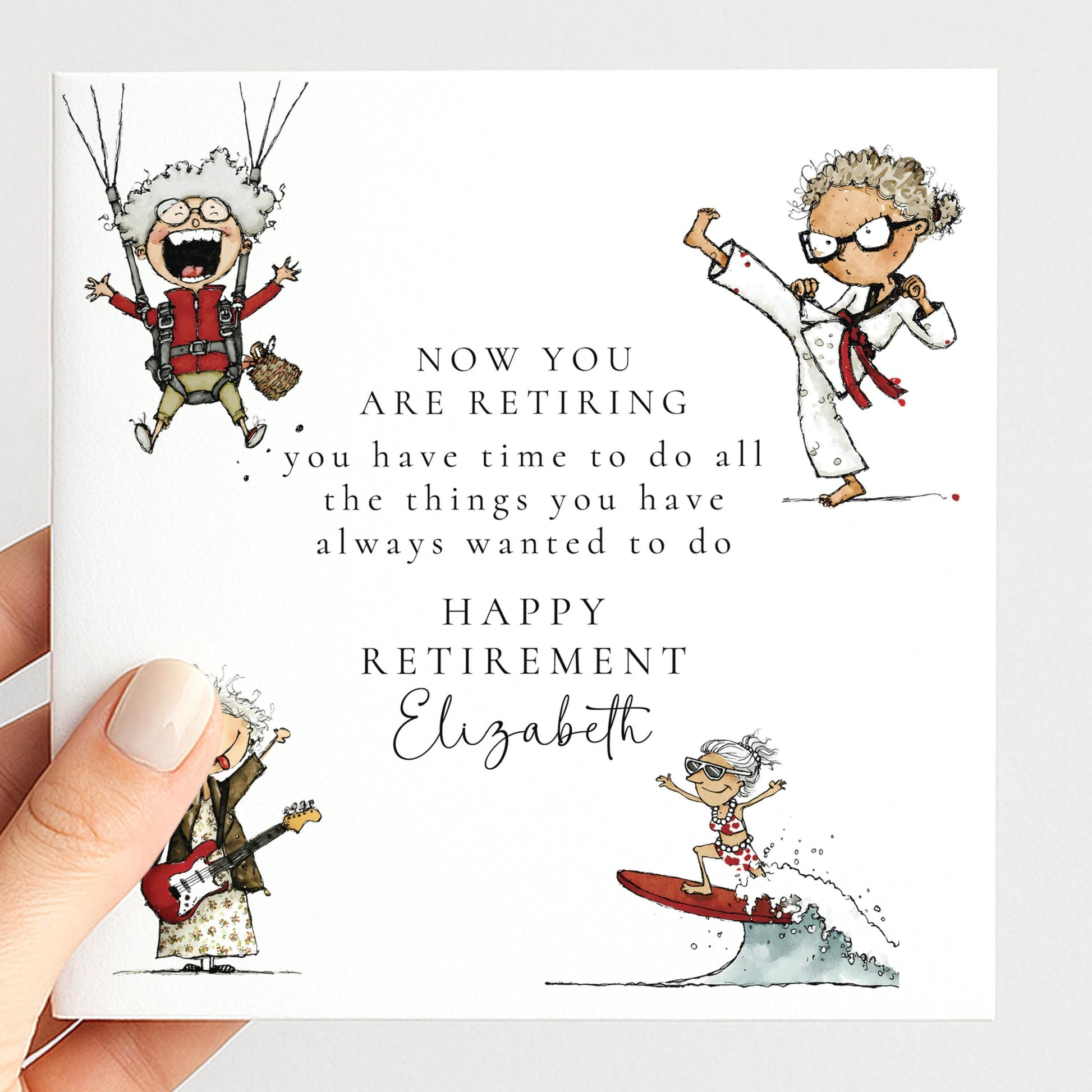 Retirement Card Woman – Personalised Farewell Card With Hand-Drawn Illustrations