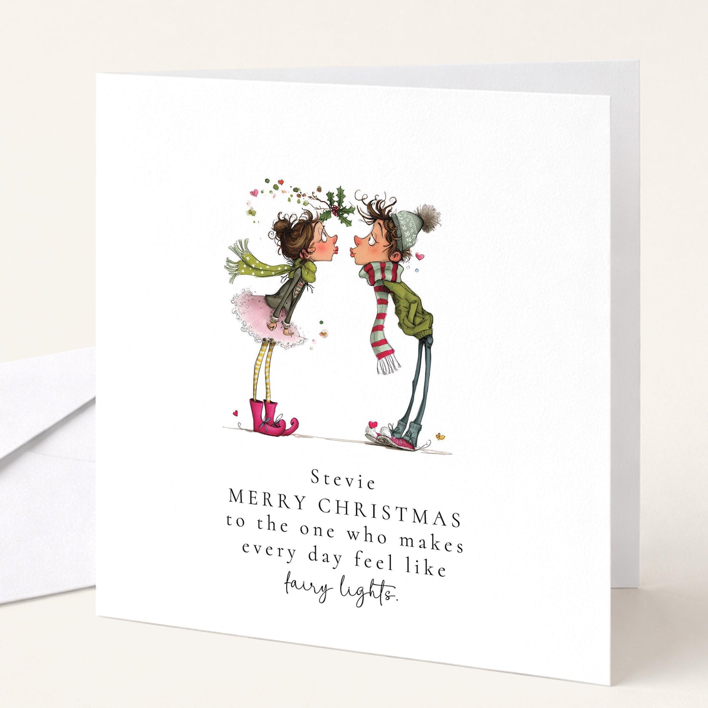 Romantic Christmas Card – Personalised Holiday Greeting With Fairy Lights Design