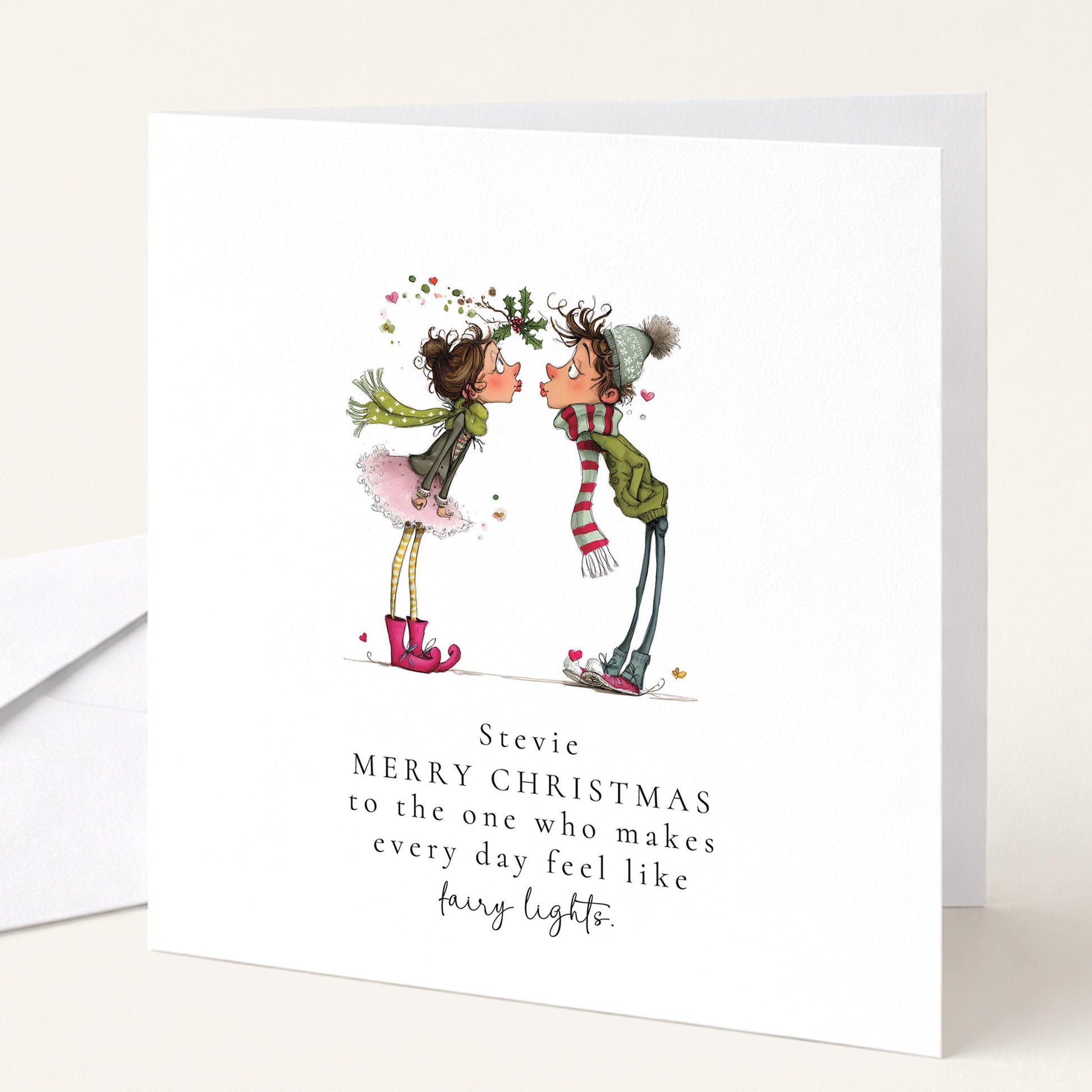 Romantic Christmas Card – Personalised Holiday Greeting With Fairy Lights Design