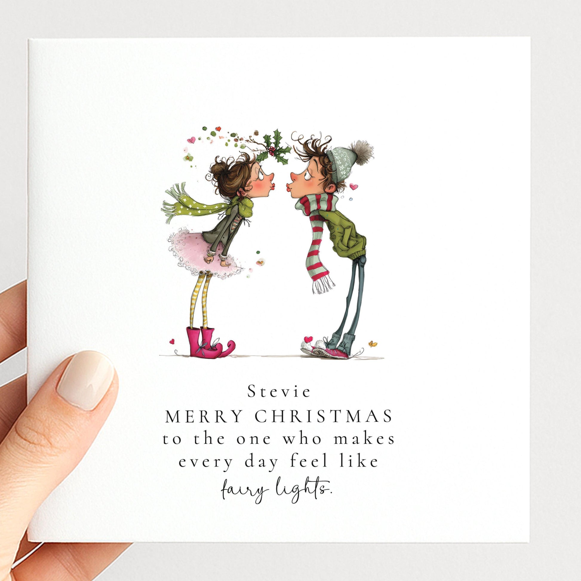 Romantic Christmas Card – Personalised Holiday Greeting With Fairy Lights Design