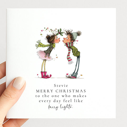 Romantic Christmas Card – Personalised Holiday Greeting With Fairy Lights Design