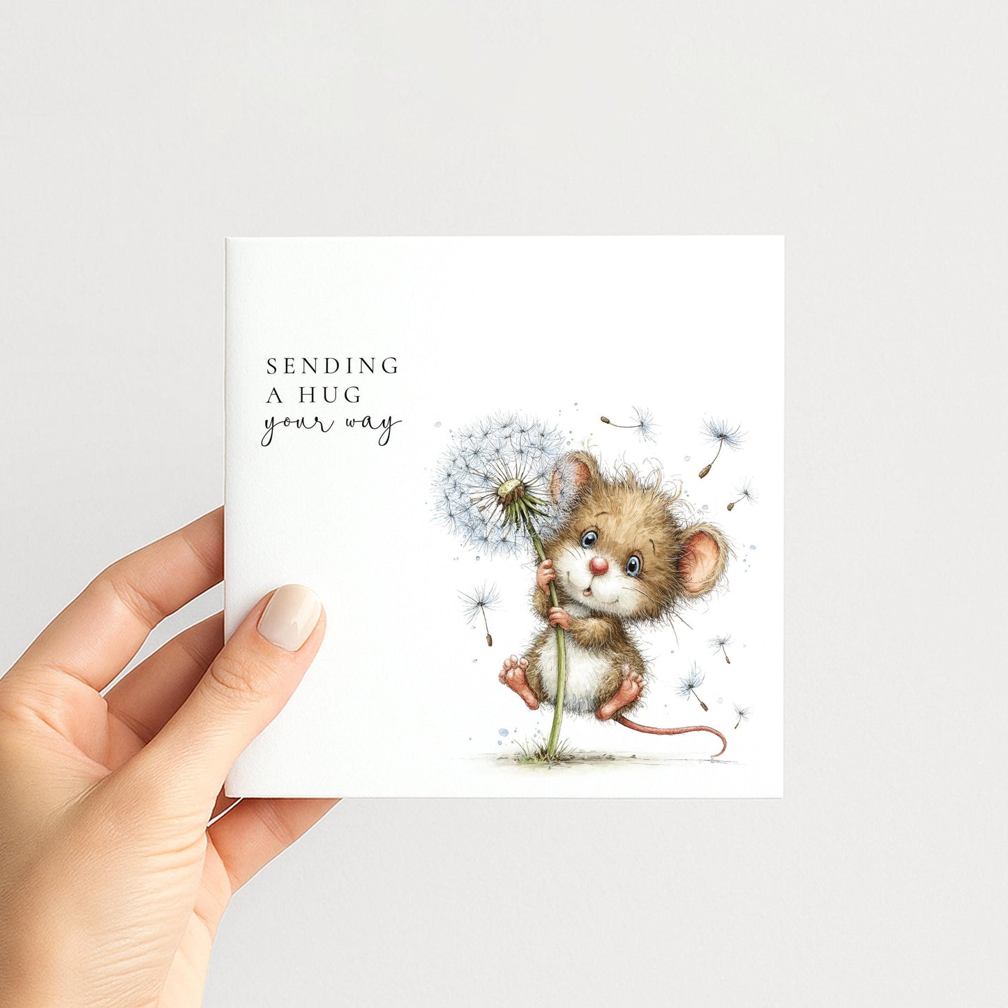 Sending A Hug Card – Comfort Greeting Card With Mouse Holding Dandelion