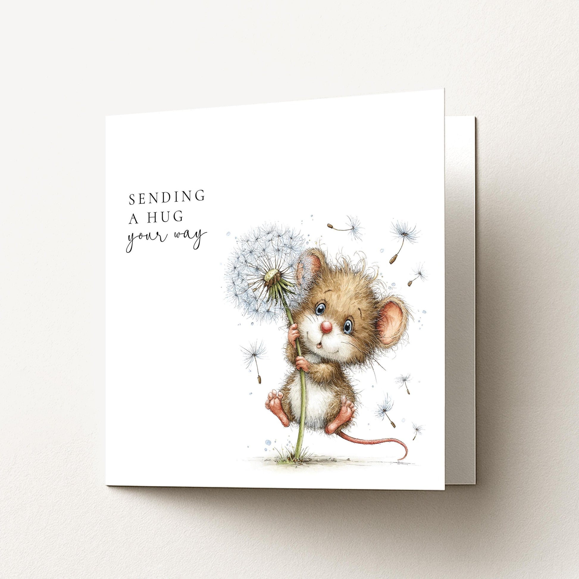 Sending A Hug Card – Comfort Greeting Card With Mouse Holding Dandelion