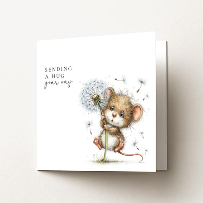 Sending A Hug Card – Comfort Greeting Card With Mouse Holding Dandelion
