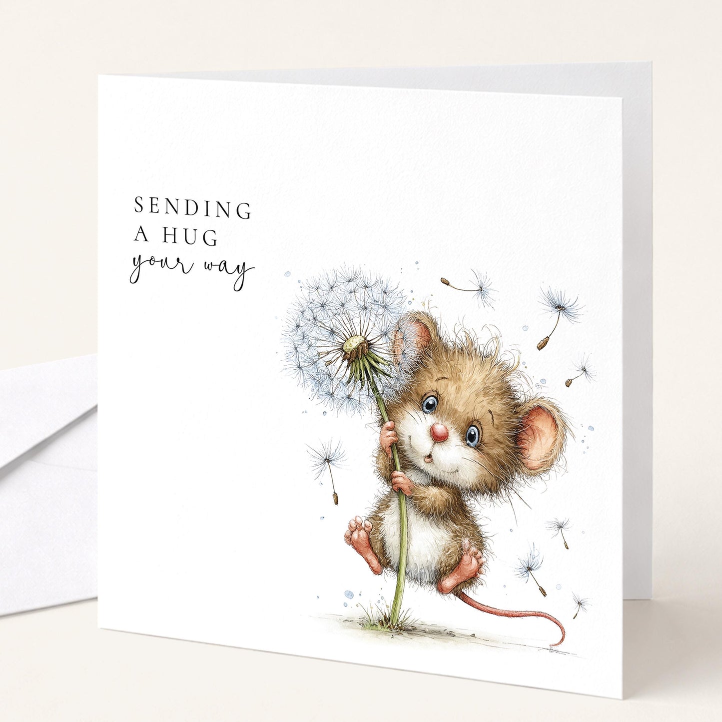 Sending A Hug Card – Comfort Greeting Card With Mouse Holding Dandelion