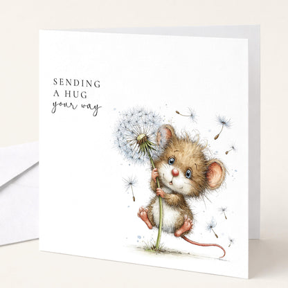 Sending A Hug Card – Comfort Greeting Card With Mouse Holding Dandelion
