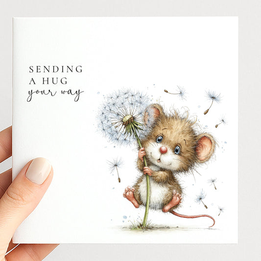 Sending A Hug Card – Comfort Greeting Card With Mouse Holding Dandelion