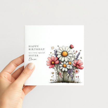 Sister Birthday Card – Personalised Floral Design With Custom Name & Matte Finish