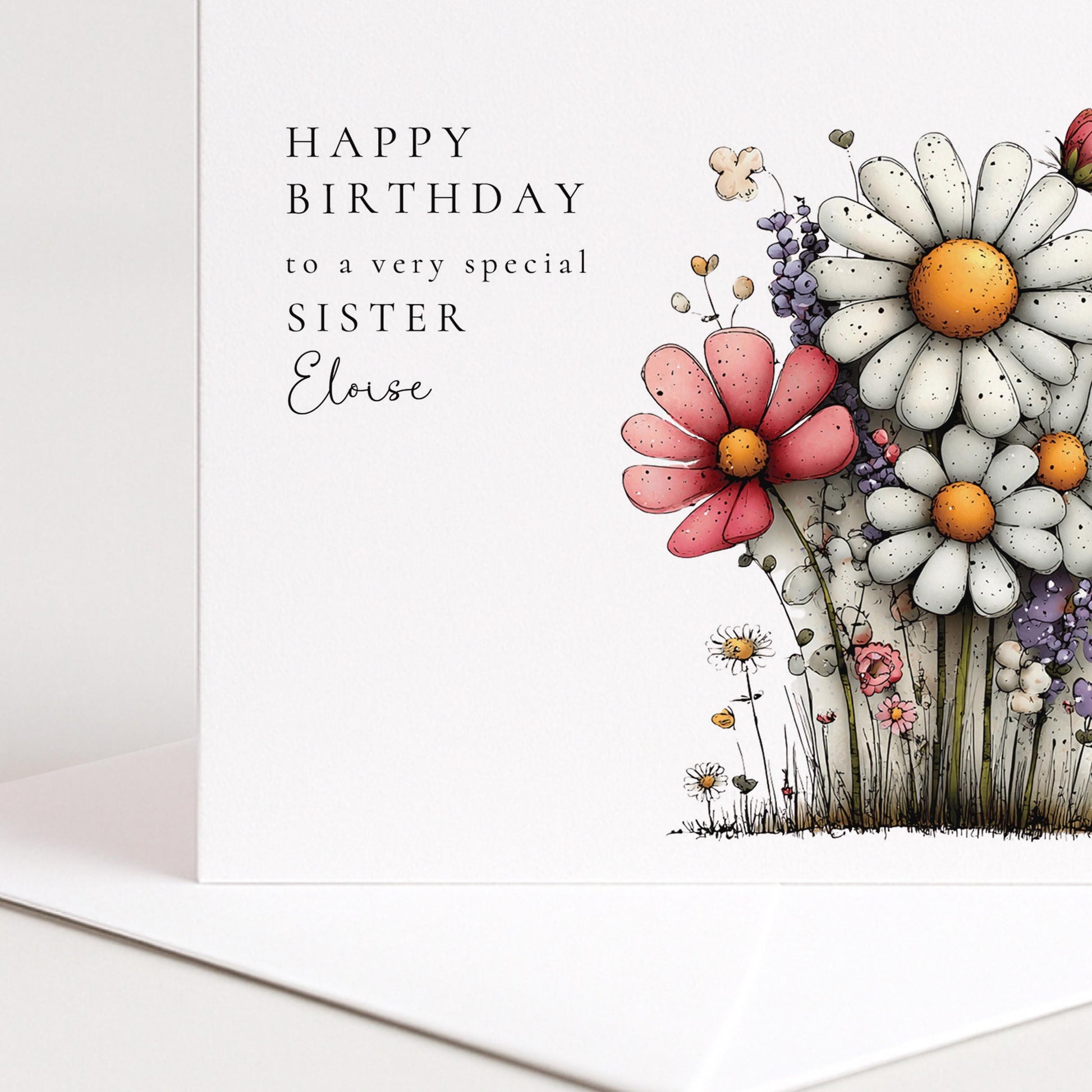 Sister Birthday Card – Personalised Floral Design With Custom Name & Matte Finish