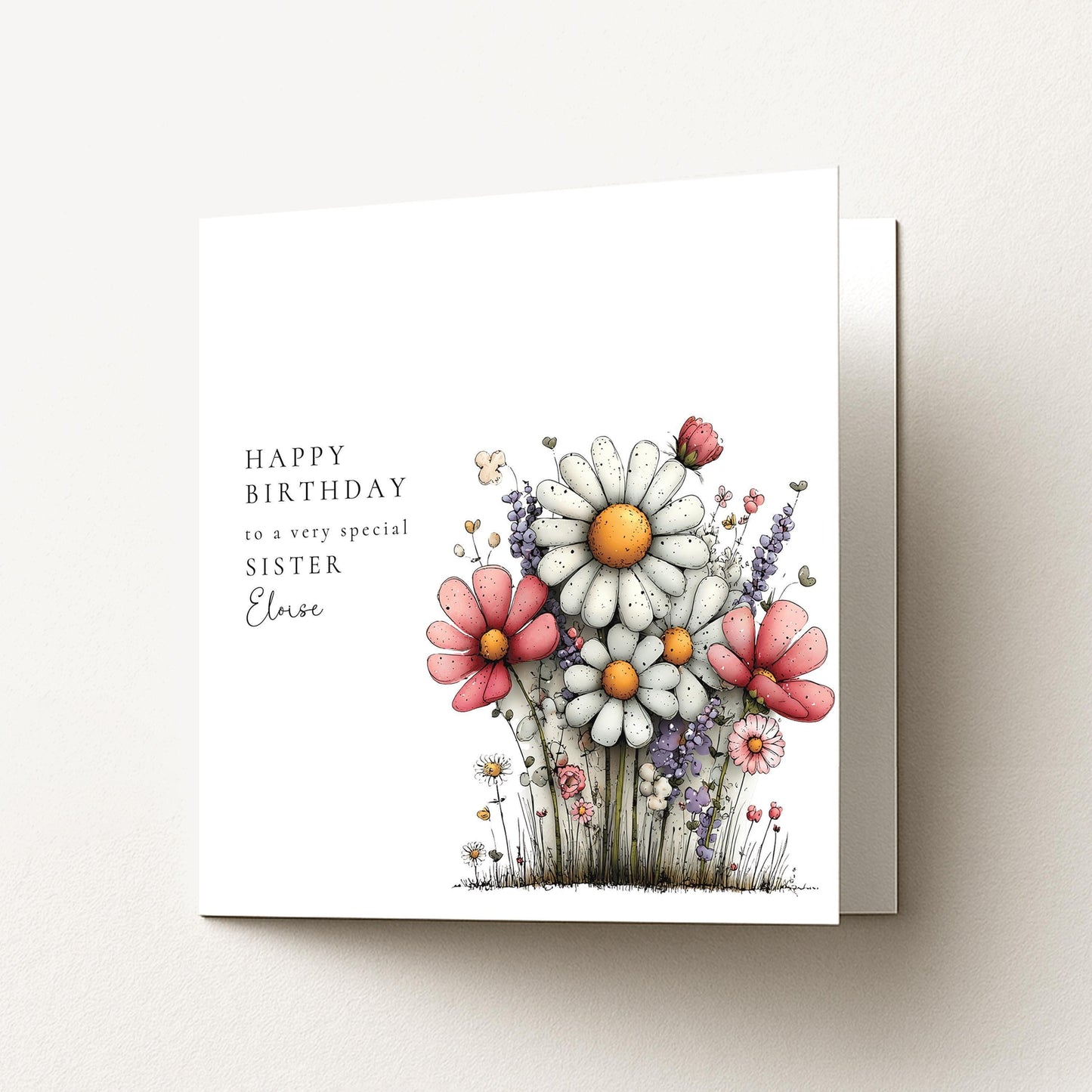 Sister Birthday Card – Personalised Floral Design With Custom Name & Matte Finish
