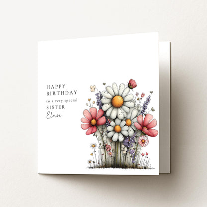 Sister Birthday Card – Personalised Floral Design With Custom Name & Matte Finish