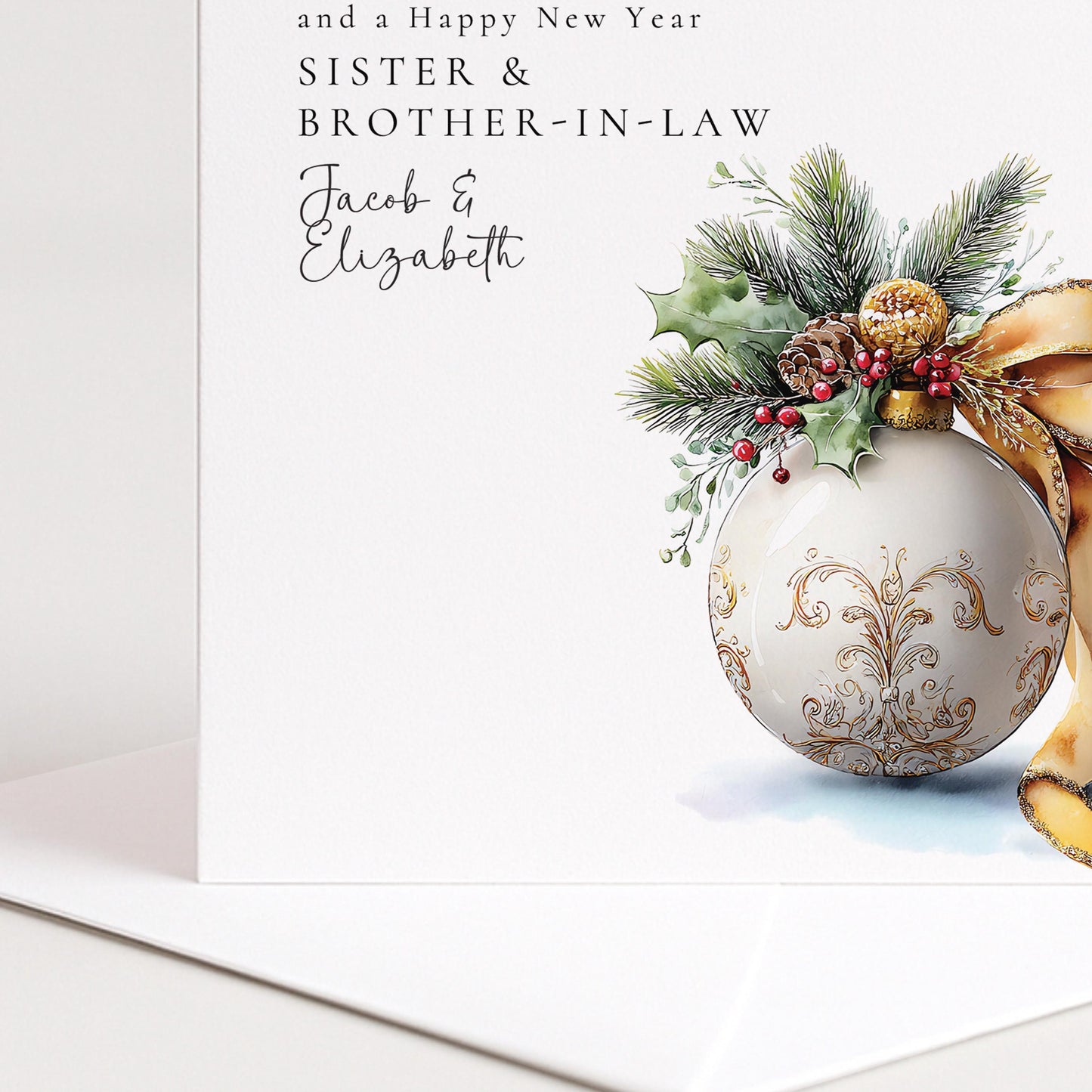 Sister Brother-in-Law Christmas Card – Personalised Classic Ornament With Gold Ribbon