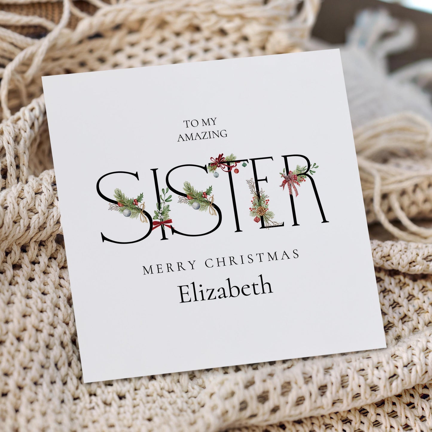 Sister Christmas Card – Personalised Festive Sister Gift With Winter Greenery