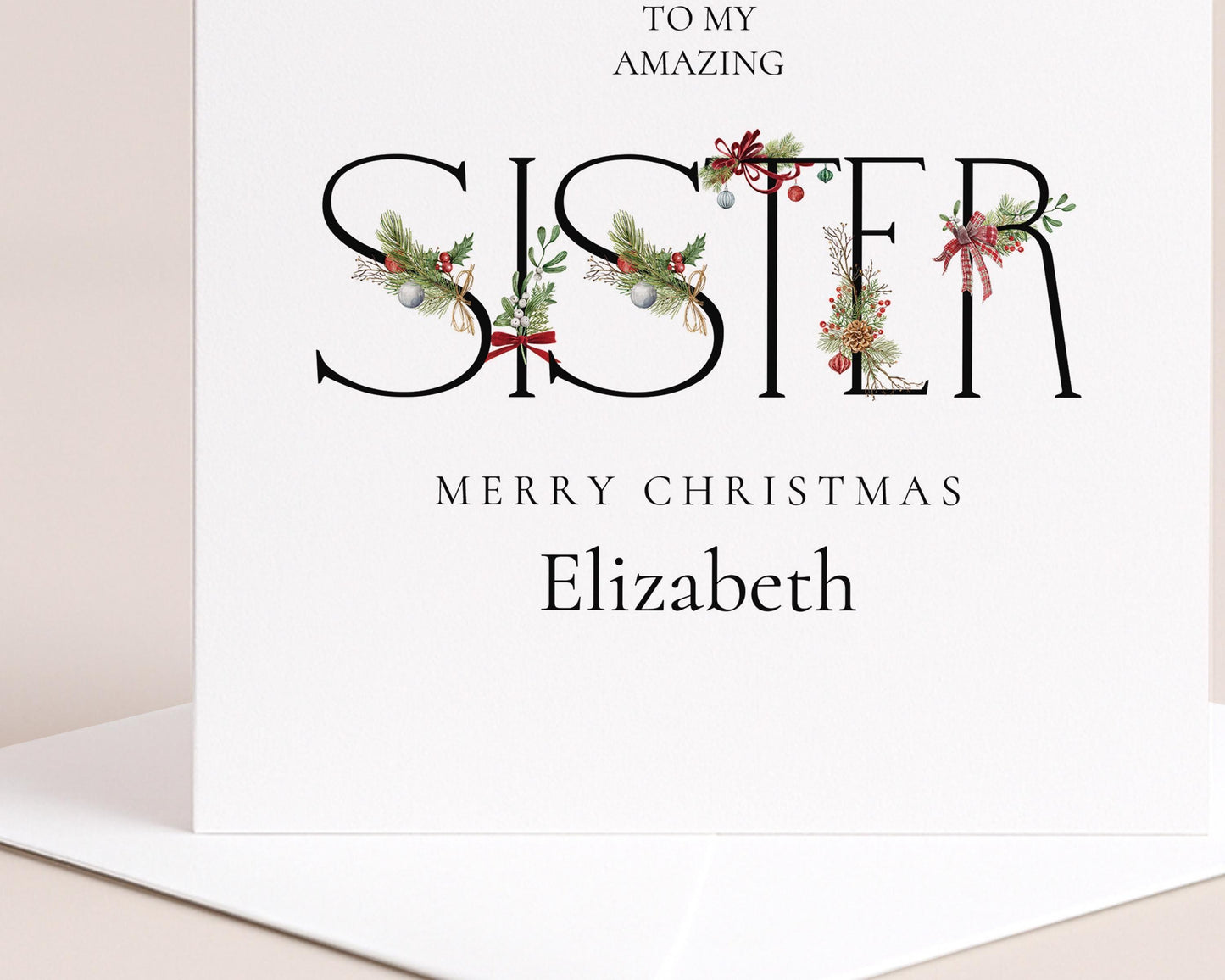 Sister Christmas Card – Personalised Festive Sister Gift With Winter Greenery