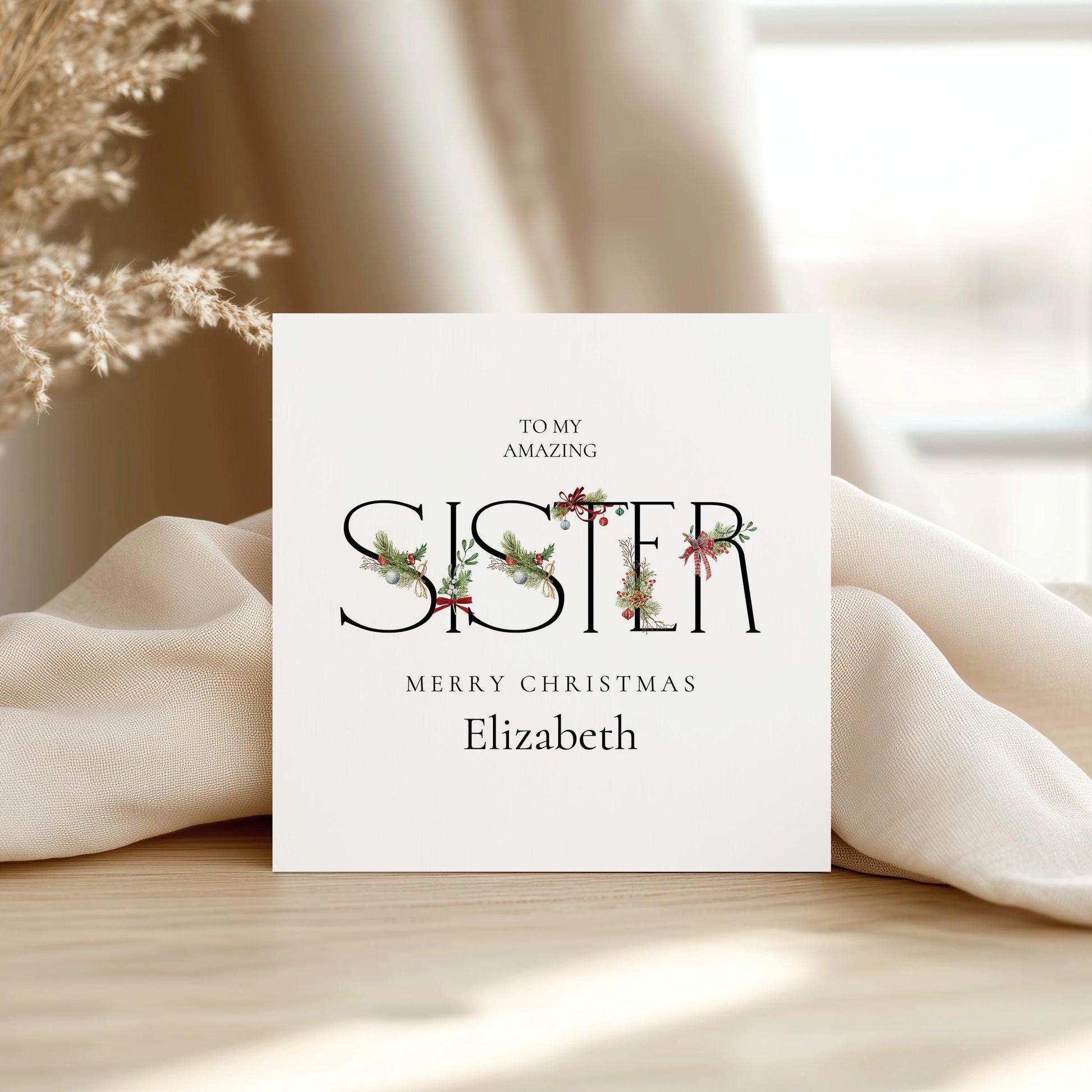 Sister Christmas Card – Personalised Festive Sister Gift With Winter Greenery