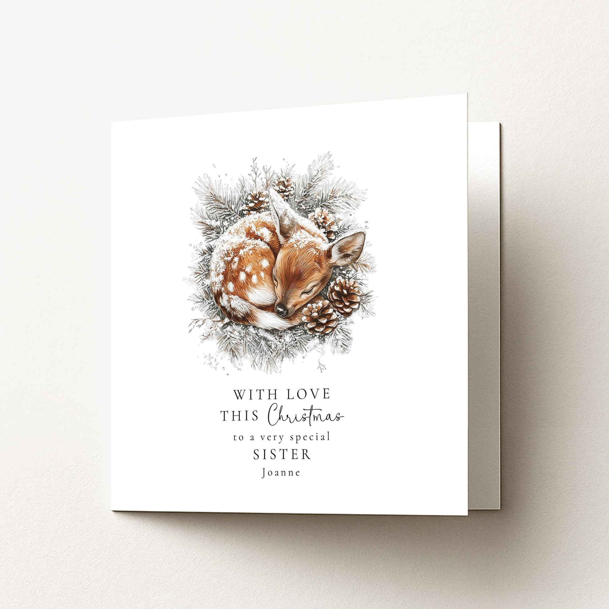 Sister Christmas Card – Personalised Winter Greeting With Festive Deer Illustration