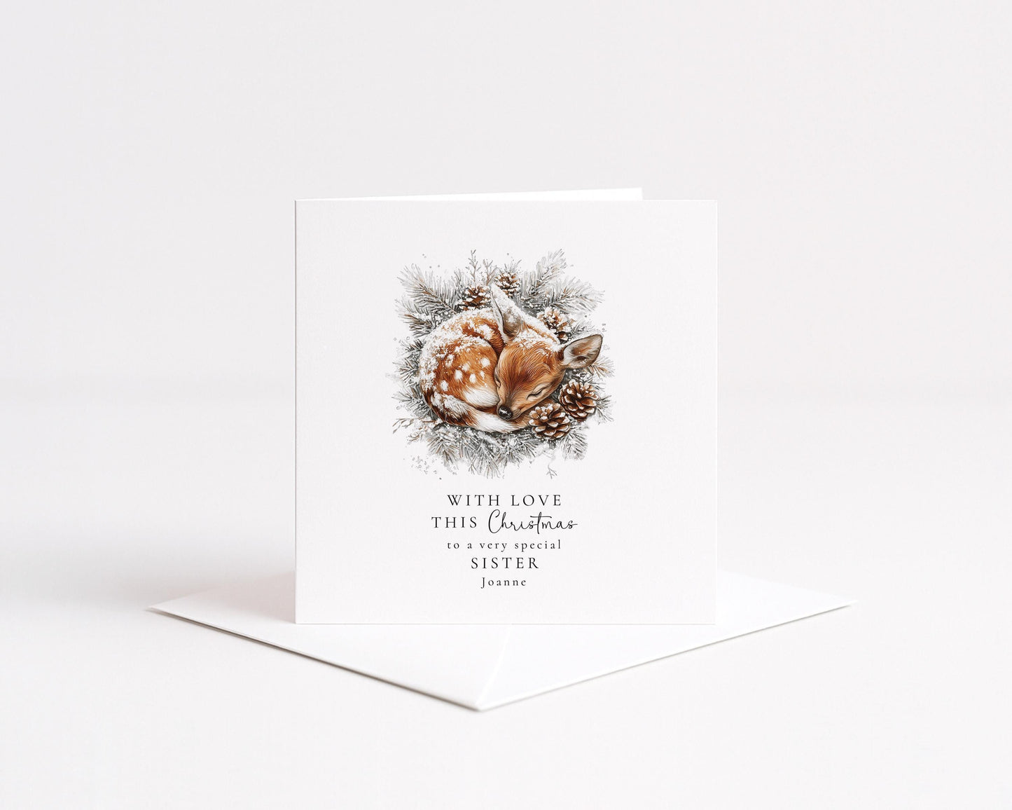 Sister Christmas Card – Personalised Winter Greeting With Festive Deer Illustration