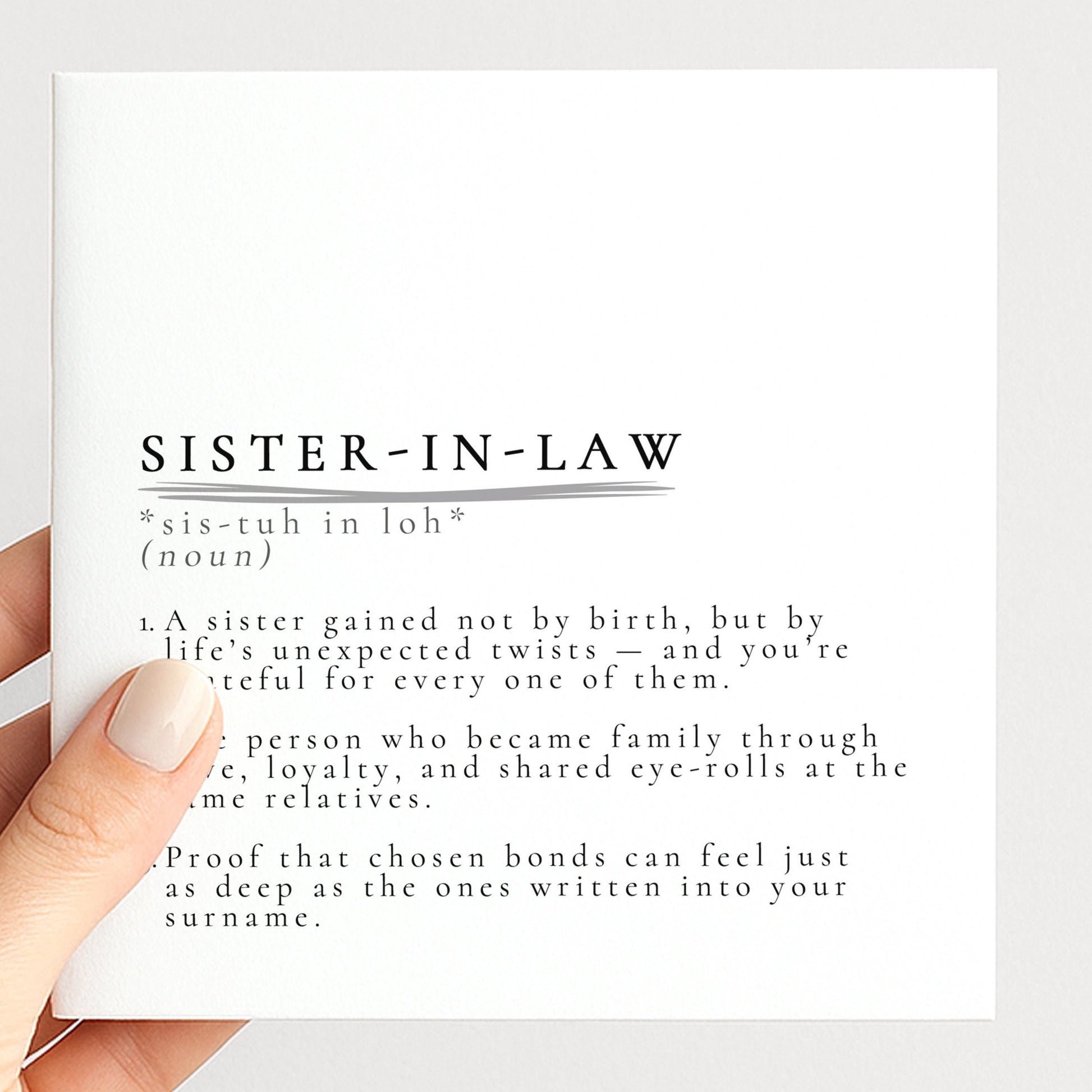 Sister In Law Card – Minimalist Definition Card With Matte Finish & Envelope